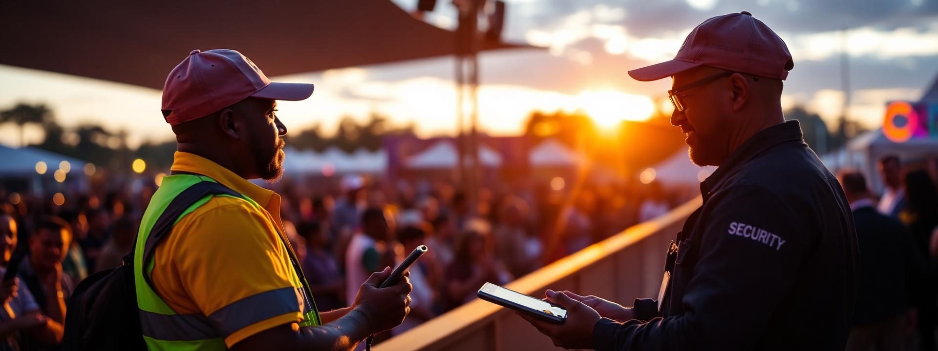 Event security staff scanning tickets at a concert entrance