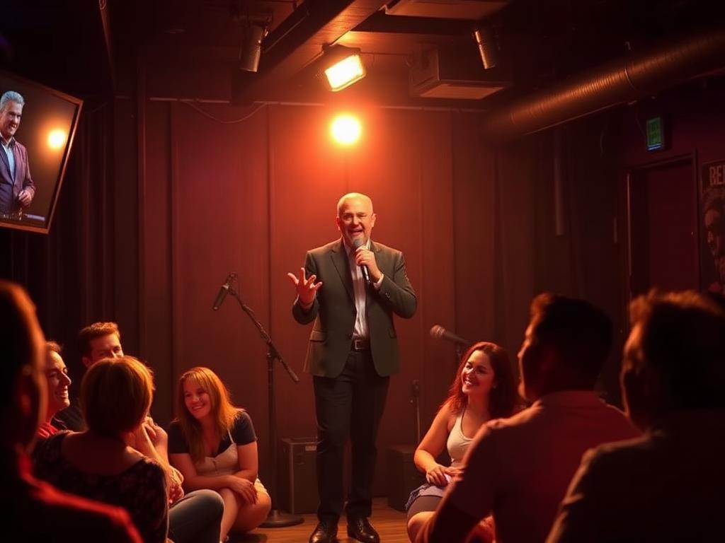 Comedian on a club stage under a warm spotlight