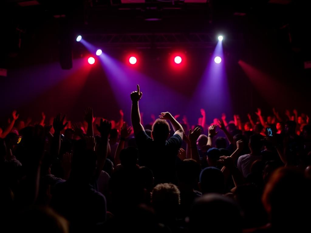 Concert crowd with hands in the air under stage lights