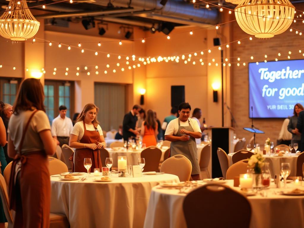 Volunteers arranging a charity gala with warm string lights