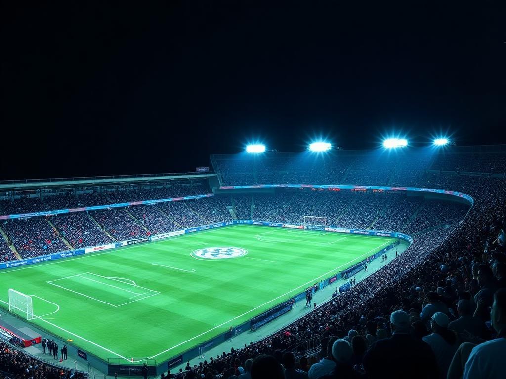 Floodlit stadium packed with supporters