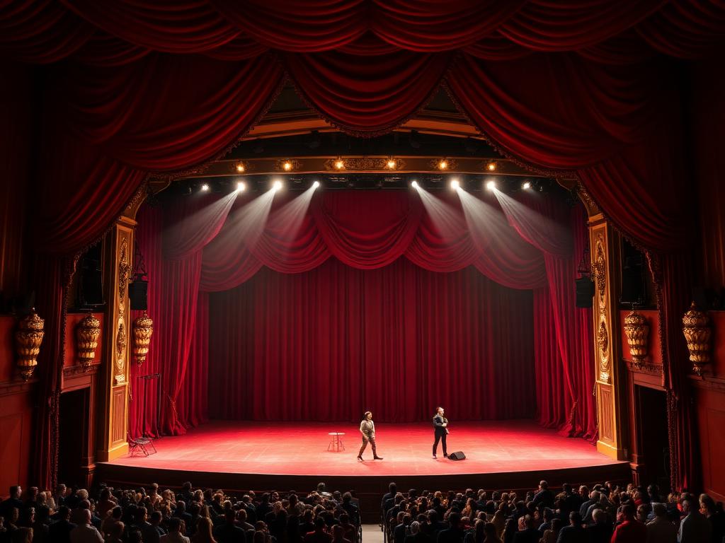 Grand theatre stage with red velvet curtains
