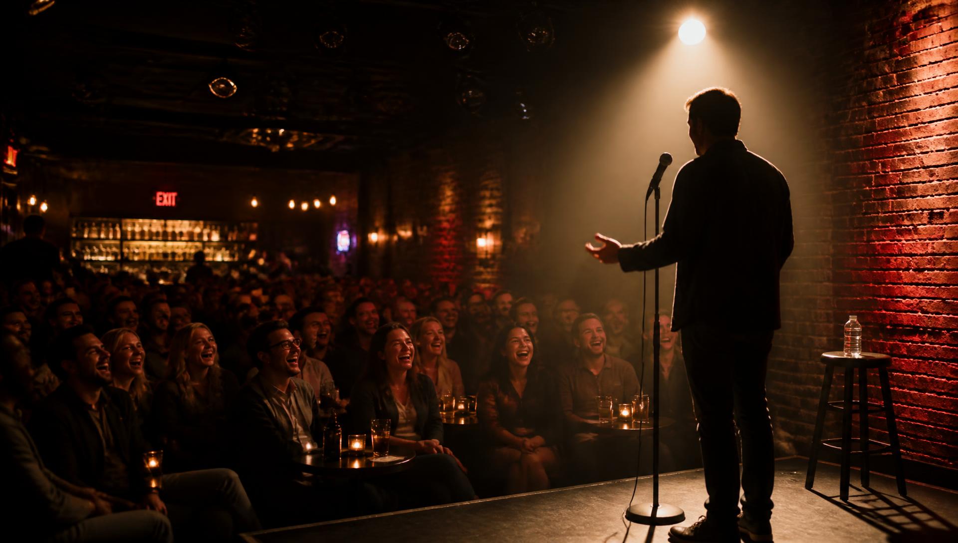 Comedian on stage in a spotlight with a laughing audience