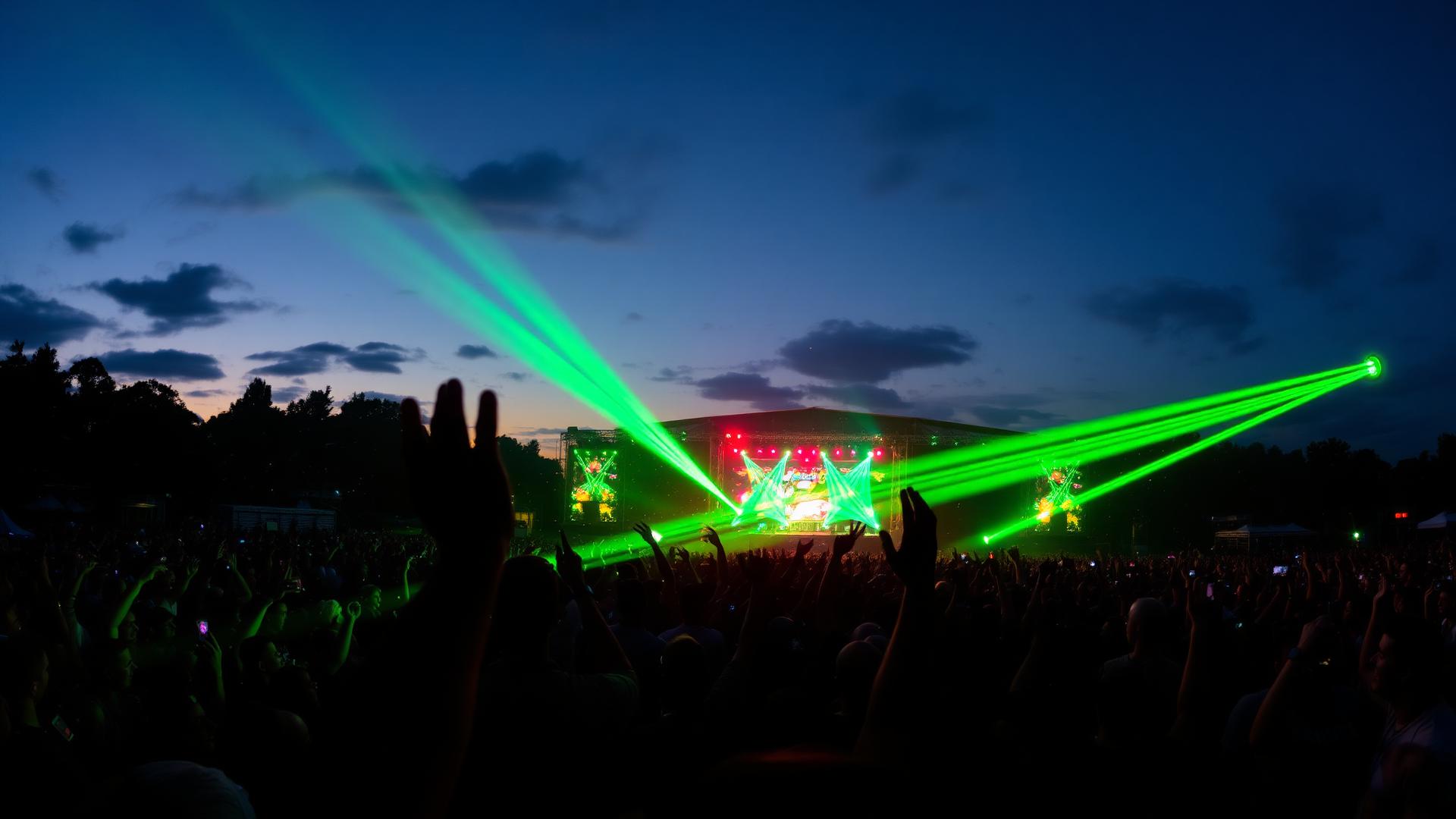 Festival crowd under green stage lights
