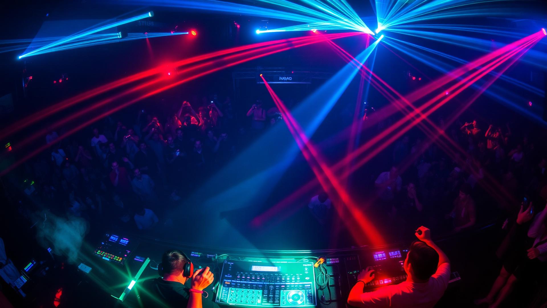 DJ playing to a packed club with laser lights