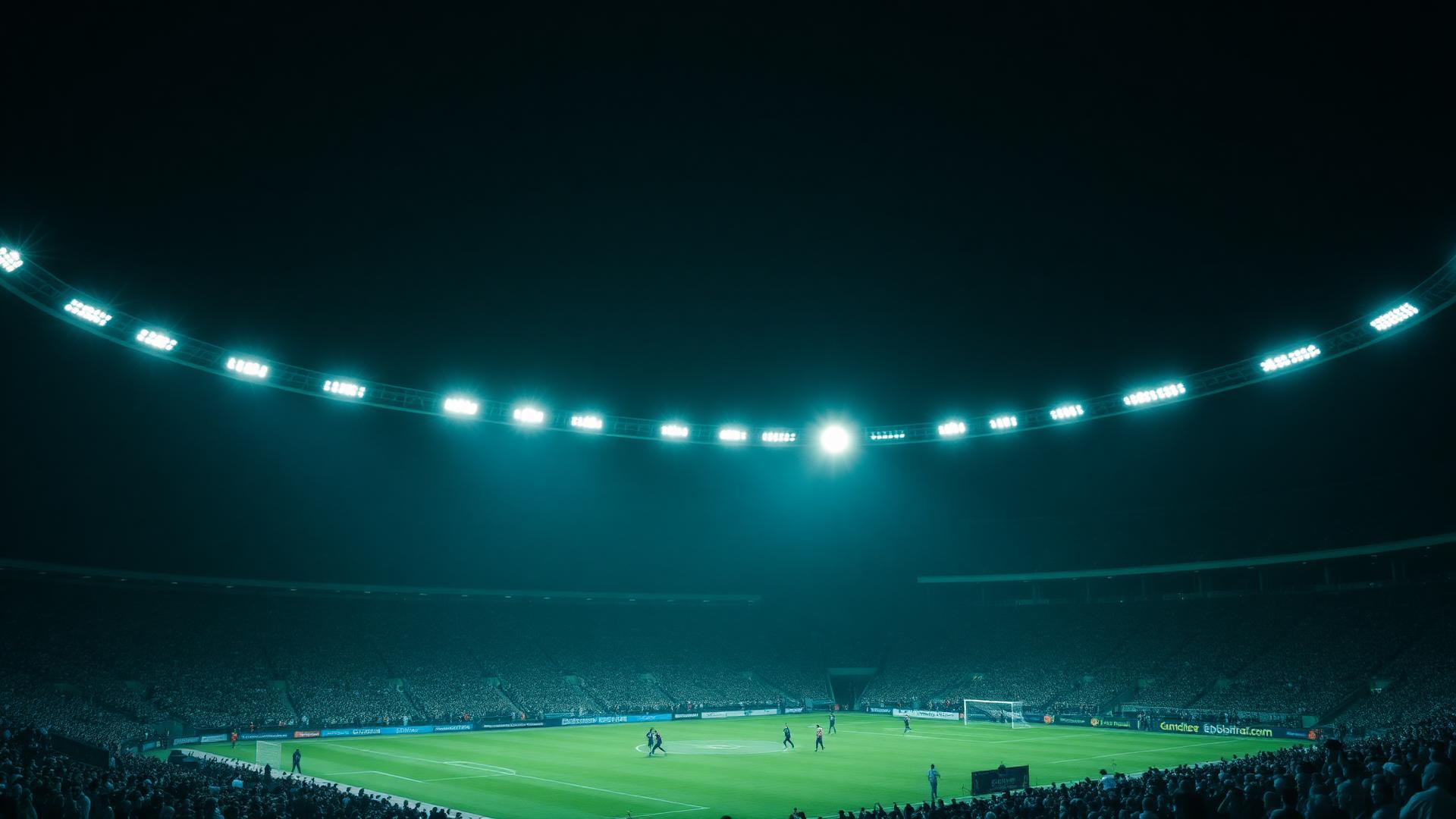 Floodlit stadium packed with supporters at night